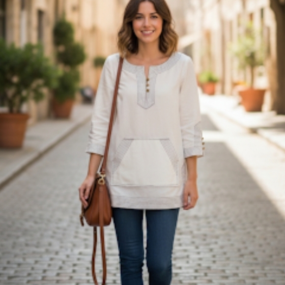 Tory Burch Boho Chic White Tunic with Black Stitch Detail and Gold Buttons Sz 4 - Picture 1 of 13